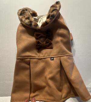 Hotel Doggy Kate Tan Dog Coat with Faux Fur Collar and Bows Size M